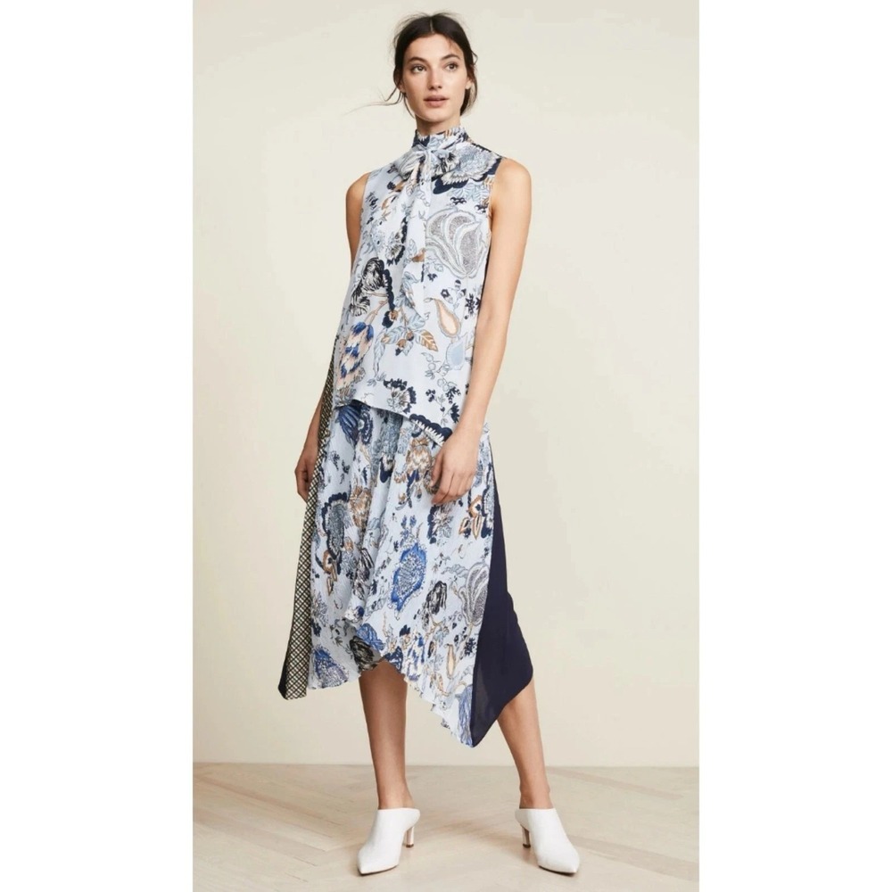 Tory Burch Margaret Blue Floral Plaid Silk Patchwork Pleated Midi‎ Dress 10